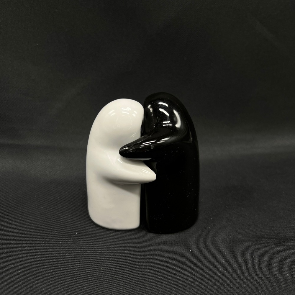 Hugging Ghost Salt and Pepper Shakers Set Black White Ceramic Halloween Spooky